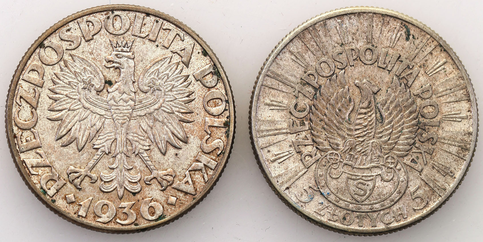 II RP. 5 złoty 1936 żaglowiec + 5 złotych Piłsudski Strzelecki
